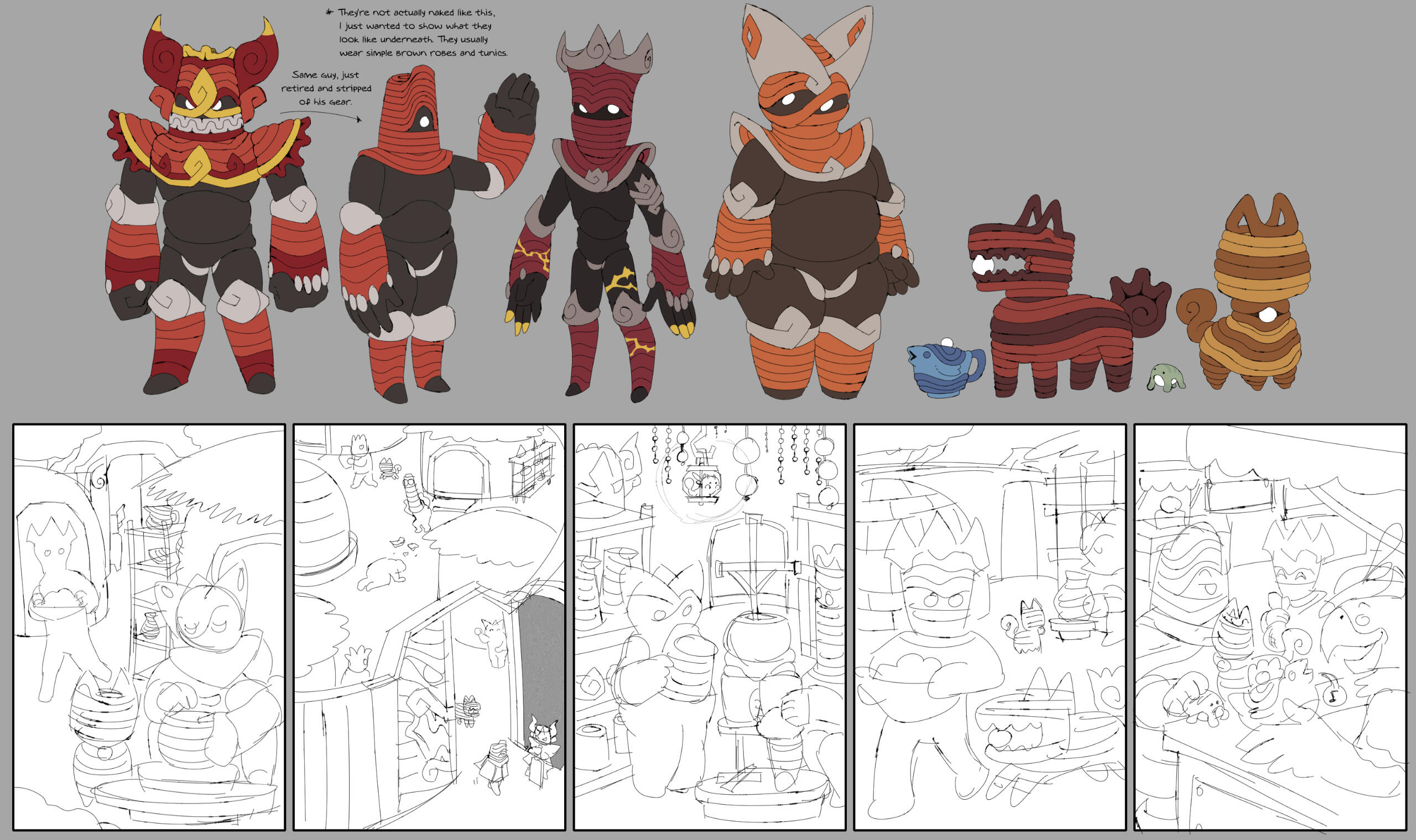 Conceptualizing various Clay People and their pets, along with 5 thumbnails exploring a composition showcasing their village and culture.