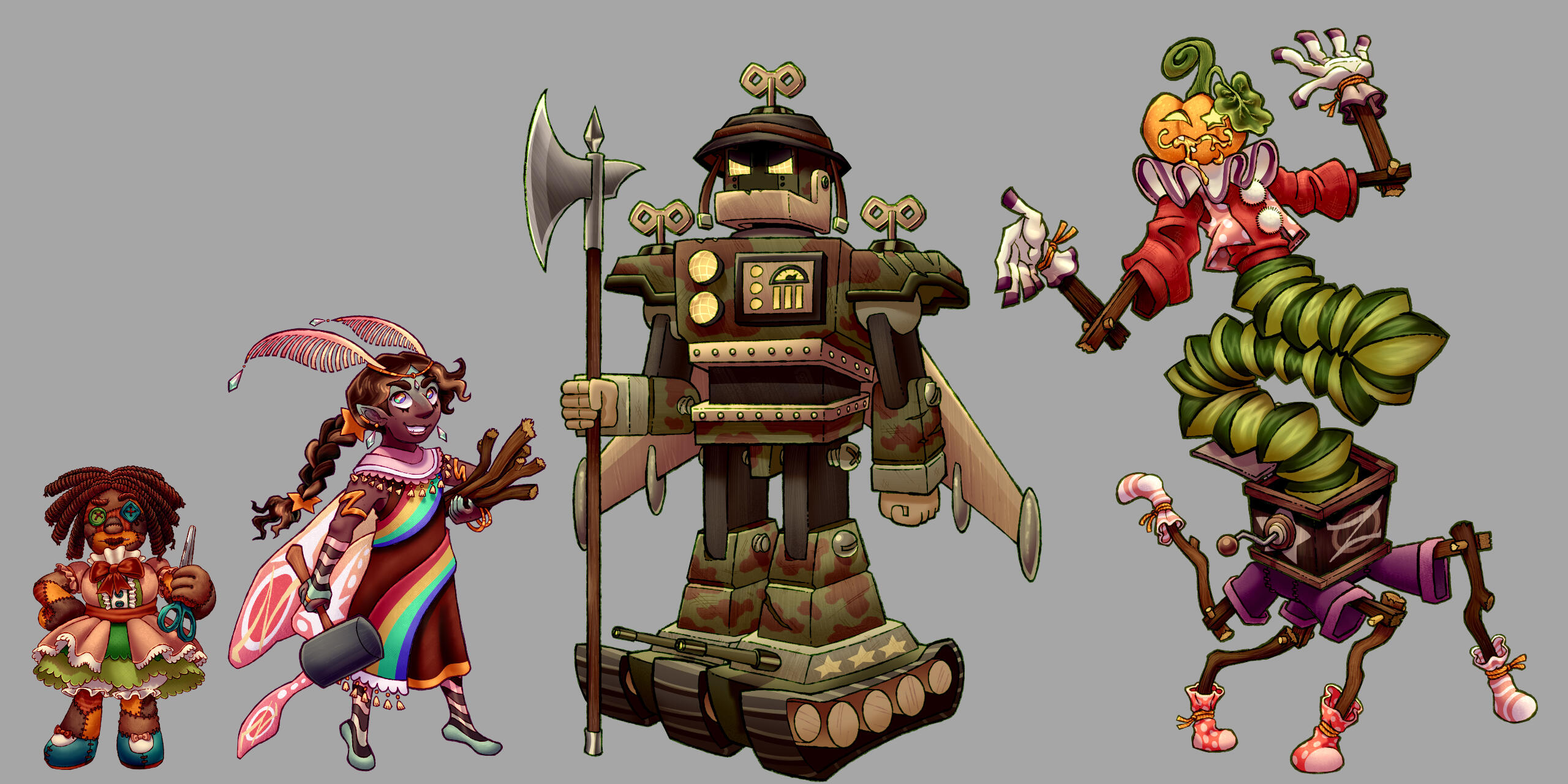 Character lineup of Patchwork Girl, Princess Ozma, Tik-Tok, and Pumpkin Jack.